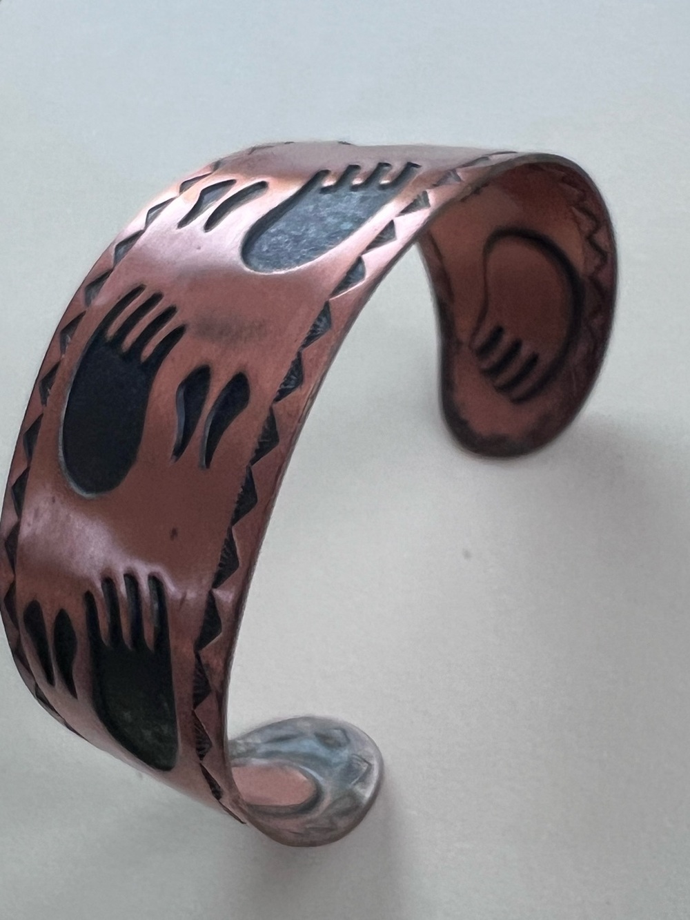 Solid Copper Bracelet Vintsge Bell signed animal paw print deer elk bear rare